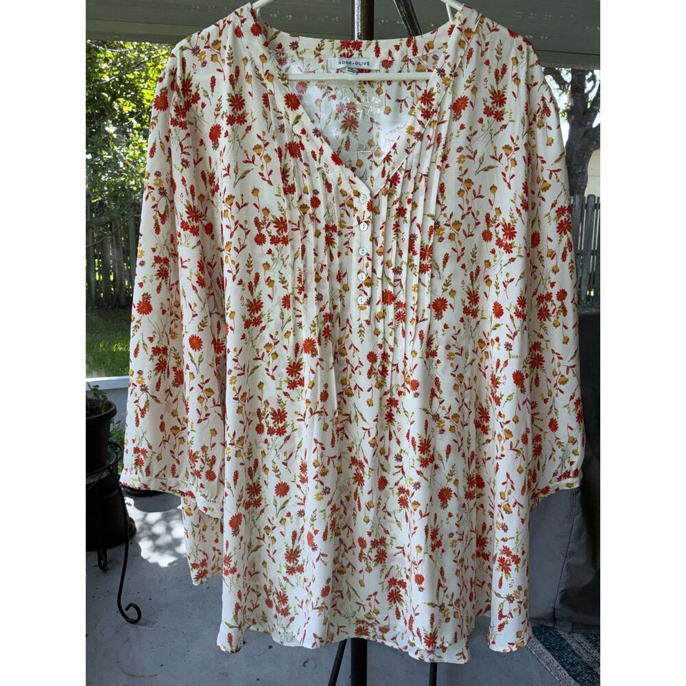 Rose & Olive 3X Pintuck 3/4 button 3/4 Sleeve Floral Blouse Work Church Comfy